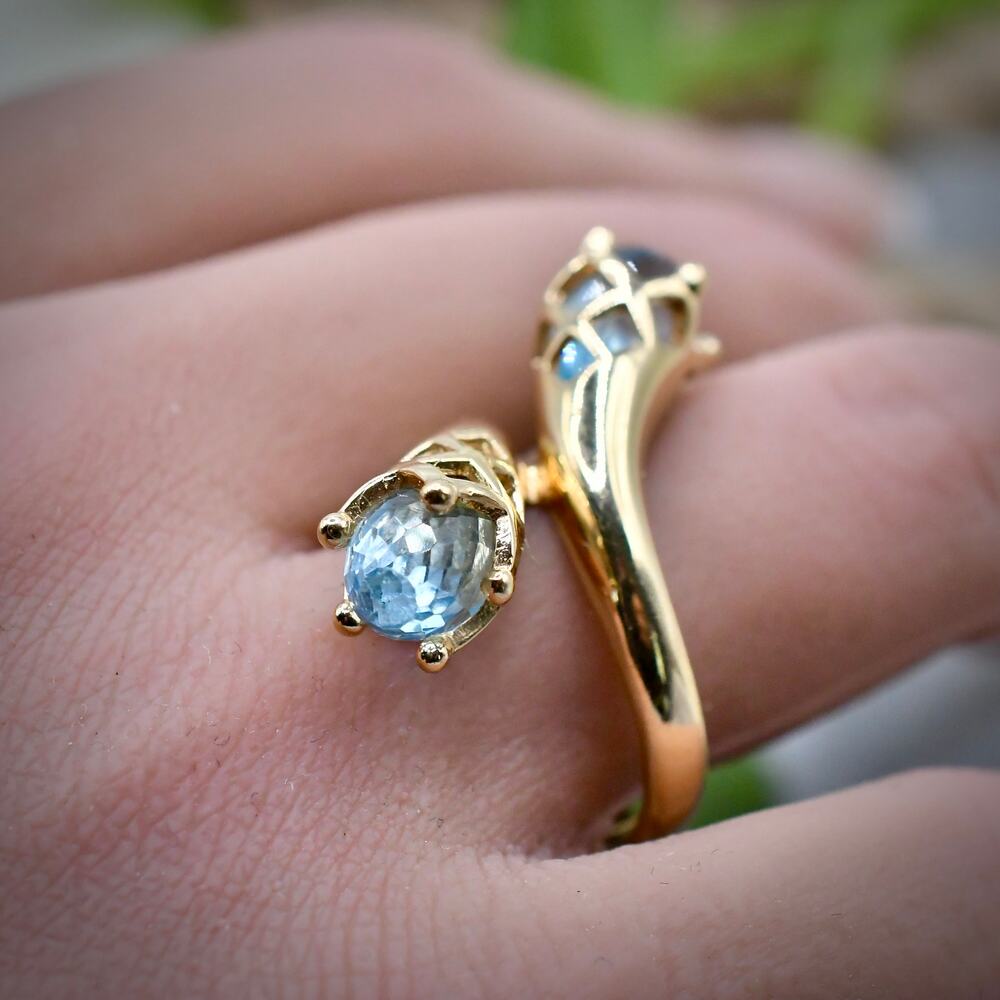 Vintage 14k Gold Blue Topaz Bypass Ring Heavy Retro Pear Cocktail Size 7 - Picture 5 of 14